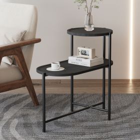 Round Coffee Table with Storage Tray 2 Tier Oval End Tables Wooden Small Side Table for Living Room (Black) (Color: as Pic)
