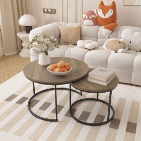 27.6" Nesting Coffee Table Set of 2, Round Coffee Table Wood Marble Pattern Top with Sturdy Metal Frame (Color: as Pic)