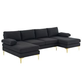 280*130*85 U-Shaped 4-Seat Linen Seat Frame Wooden Frame Back Iron Frame Golden Feet Indoor Modular Sofa Black (Color: as picture)