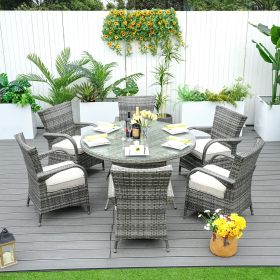 Direct Wicker 7-Piece Outdoor Rattan Furniture Dining Set with 6 Cushioned Armchair (Color: gray)