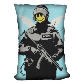 Banksy Smiley Angel Policeman Light Blue Cushion (Insert: With Insert, size: 20" X 20")