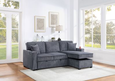 Convertible Sectional Dark Gray Color Corduroy Reversible Chaise w Storage And Sofa Pull Out Bed Pillows Living Room 2pc Set (Color: as Pic)