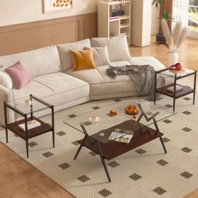 Coffee Table and End tables Set of 3, Tempered Glass Table with MDF layer, Modern Tables for Living Room , Transparent Glass (Color: as Pic)