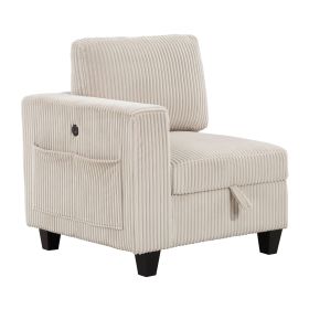 Modern Living Room Furniture 1pc Beige Chair with One Arm, Storage Pouch and Charging Ports Corduroy Fabric Upholstery (Color: as Pic)