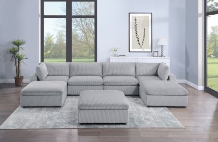 Dark Gray Color 7pc Modular Sectional Set Corduroy Upholstery Couch 2x Corner wedge 2x Armless Chairs 3x Ottomans Living Room Furniture (Color: as Pic)