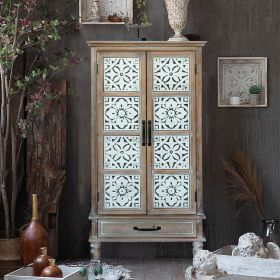 55.12'' Tall Tower Storage Cabinet - Rustic Wood Sideboard Pantry Cabinet - Versatile Buffet Cabinet with Storage for Home Decor and Organization chic (Color: Natural+White, Material: Solid Wood+MDF)