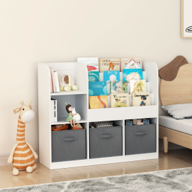 Kids Bookcase and Bookshelf, Multifunctional Bookcase with 3 Collapsible Fabric Drawers, Bookcase Display Stand, Toy Storage Organizer for Bedroom (Color: White+gray, Material: Fabric,MDF)
