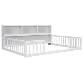 Full Floor Bed with Side Bookcase,Shelves,Guardrails,White (Color: as Pic)