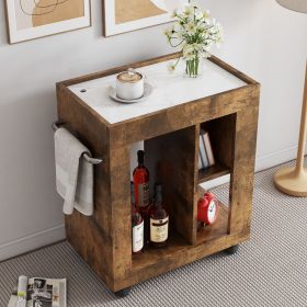 Mid-century modern style movable side cabinet for sofa, household brown trolley storage locker and shelf for living room. (Color: as Pic)