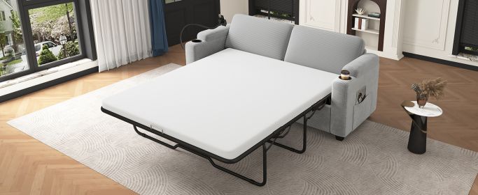 72.8" Corduroy Sleeper Sofa Loveseat Sofa with Full Size Mattress, Two USB Ports, Two Cup Holders, Two Side Pockets and a Phone Holder for Living Room (Color: as Pic)