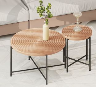 2-Piece Coffee and End Table Set Ã¢â‚¬â€œ Waterproof MDF with PVC Cover, Distressed Cylindrical Design, Black Metal Legs Ã¢â‚¬â€œ Classic Rustic Charm (Color: as Pic)