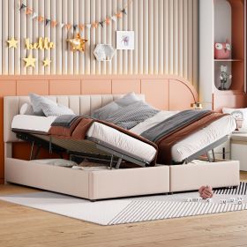 King Size Upholstered Platform Bed with a Hydraulic Storage System, Beige (Color: as Pic)