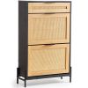 Rattan Shoe Cabinet, Narrow Shoe Storage Organizer with 2 Flip Rattan Drawers & 1 Slide Drawer, Metal Legs