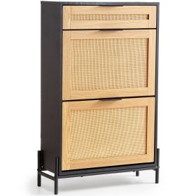 Rattan Shoe Cabinet, Narrow Shoe Storage Organizer with 2 Flip Rattan Drawers & 1 Slide Drawer, Metal Legs (Default: Default)