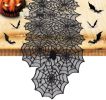 Halloween Decoration Table Runner with 12 Pack 3D Bats, Spider Web Black Lace Table Runner for Kitchen Dinner Table