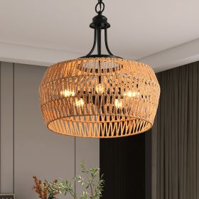 19" Boho Hemp Rope Pendant Light, Hand-Woven Jute Hanging Lamp with Adjustable Chain, Natural Rope Shade Ceiling Light Fixture for Kitchen Island (Color: Black,Wood, Material: Iron,Rope)
