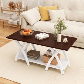40 Inch Farmhouse Wooden 2-Tier Coffee Table with Storage Shelf for Living Room (Color: walnut)
