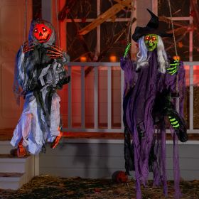 Halloween Decorations 2 Packs Hanging Ghosts Decor with Lighted Up Eyes, 3ft Scary Grim Reaper Swinging Skeleton Flying for Yard Patio Lawn Garden (Color: Pumpkin & Witch Ghost)