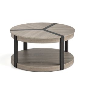 34.5" Rubber Wood 2-Tier Round Center Table with Spacious Tabletop and Storage Shelf (Color: gray)