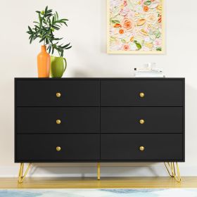 6 Drawer Dresser For Bedroom, Storage Cabinet With Golden Handles, Modern Closet Of Drawers For Living Room (Color: Black)