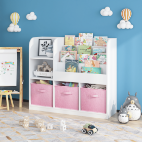 Kids Bookcase and Bookshelf, Multifunctional Bookcase with 3 Collapsible Fabric Drawers, Bookcase Display Stand, Toy Storage Organizer for Bedroom (Color: White+Pink, Material: Fabric,MDF)