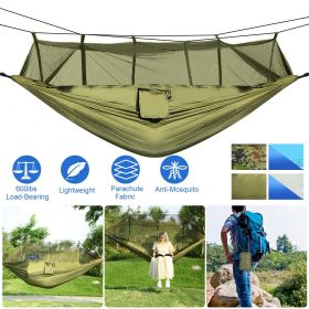 600lbs Load 2 Persons Hammock w/Mosquito Net Outdoor Hiking Camping Hommock Portable Nylon Swing Hanging Bed w/ Strap Hook Carry Bag (Color: green)