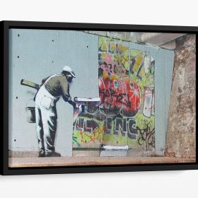 Banksy Graffiti Wallpaper Floating Framed Canvas (Color: Black, size: 12" x 8" / 30cm x 20cm (approx))