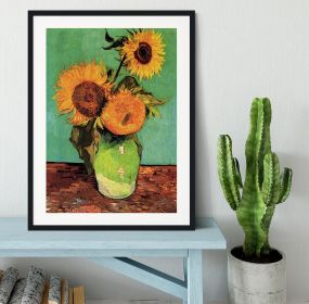 Three Sunflowers in a Vase by Van Gogh Framed Print (Color: Black/With White Edging, size: 24" x 16" / 60cm x 40cm (approx))
