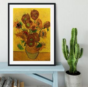 Still Life Vase with Fifteen Sunflowers by Van Gogh Framed Print (Color: White/With White Edging, size: 18" x 12" / 48cm x 30cm (approx))