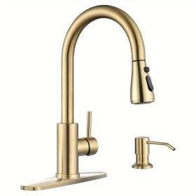 Kitchen Faucets with Soap Dispenser, Solid Stainless Steel Kitchen Faucet with Pull Down Sprayer 3 Modes, Modern Kitchen Sink Faucets with Sprayer (Color: Brushed gold)