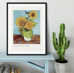 Vase With Three Sunflowers Titled Framed Print (Color: Black/With White Edging, size: 12" x 8" / 30cm x 20cm approx)