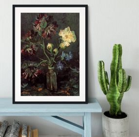 Vase with Myosotis and Peonies by Van Gogh Framed Print (Color: Natural/No White Edging, size: 18" x 12" / 48cm x 30cm (approx))