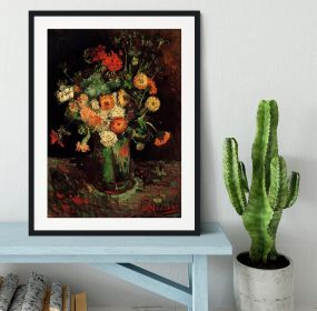 Vase with Zinnias and Geraniums by Van Gogh Framed Print (Color: Black/With White Edging, size: 48" x 32" / 120cm x 80cm (approx))