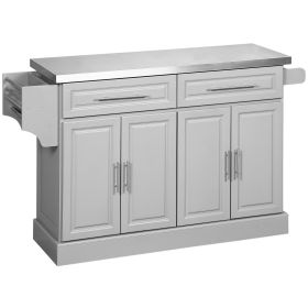 Rolling Kitchen Island with Storage and Stainless Steel Top, Kitchen Trolley with Drawers, Cabinets, Towel Rack (Color: Grey)
