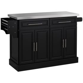Rolling Kitchen Island with Storage and Stainless Steel Top, Kitchen Trolley with Drawers, Cabinets, Towel Rack (Color: Black)