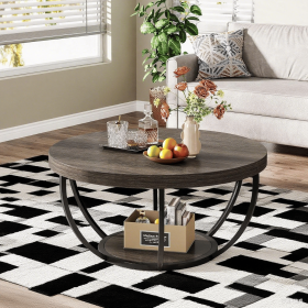 80 Cm round Coffee Table with 2 Shelves Industrial Living Room Table Modern Sofa Table with Storage Space (Color: Grey and Black)