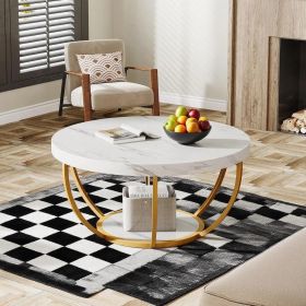 80 Cm round Coffee Table with 2 Shelves Industrial Living Room Table Modern Sofa Table with Storage Space (Color: white and gold)