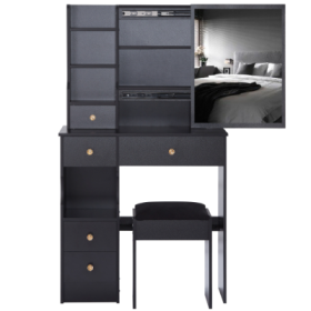 29.2 Small Space Left Drawer Desktop Vanity Table  Cushioned Stool, Extra Large Right Sliding Mirror, Multi Layer High Capacity Storage, Practical Fas (Color: Black)
