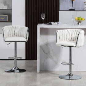 360 Fabric Cover Swivel Bar Stools Set Of 2, Adjustable Counter Height Bar Chairs With Woven Back & Footrest, Silver Chromed Bar Stools For Kitchen Is (Color: Beige)