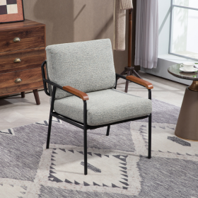 Modern Accent Chair With Natural Wood Armrests And Black Metal Frame, Light Beige Upholstered Seat And Backrest, Comfortable Lounge Chair For Bedroom, (Color: Grey)