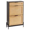 Rattan Shoe Cabinet, Narrow Shoe Storage Organizer with 2 Flip Rattan Drawers & 1 Slide Drawer, Metal Legs