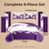 Purple White Gardenia 9 Piece Bedding Set, Washed Microfiber Bedspread with Matching Curtains and Pillowcases, Queen King Cal King