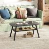 2-Tier Rectangular Center Coffee Table with Rattan Storage Shelf and Rubber Wood Legs