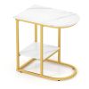 C-shaped Modern Sofa Side Table with Faux Marble Tabletop and Storage Shelf
