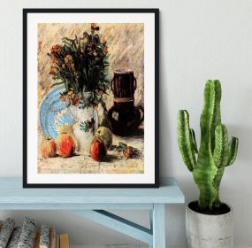 Vase with Flowers Coffeepot and Fruit by Van Gogh Framed Print (Color: White/No White Edging, size: 18" x 12" / 48cm x 30cm (approx))
