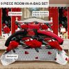 9-Piece Red Rose & Heart Bedding & Curtain Set (Queen/King/Cal King) - Quilted Microfiber Bedspread + Sheer Curtains