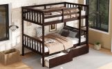 Twin Over Twin Rubber Wood Bunk Bed with 2 Drawers, Convertible into 2 Twin Beds, Twin Size Bunk Bed with Ladder and Safety Guardrails