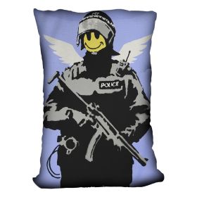 Banksy Smiley Angel Policeman Blue Cushion (Insert: Without Insert, size: 18" X 18")
