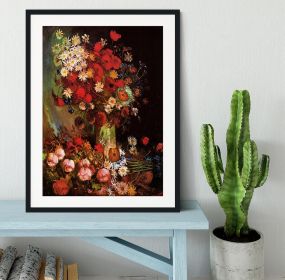 Vase with Poppies Cornflowers Peonies and Chrysanthemums by Van Gogh Framed Print (Color: Natural/No White Edging, size: 24" x 16" / 60cm x 40cm (approx))