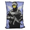 Banksy Smiley Angel Policeman Blue Cushion